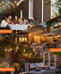 Three outdoor scenes with 33 Feet Solar String Lights Outdoor With Remote, Waterproof Shatterproof Patio Lights With LED Vintage Edison Bulbs.