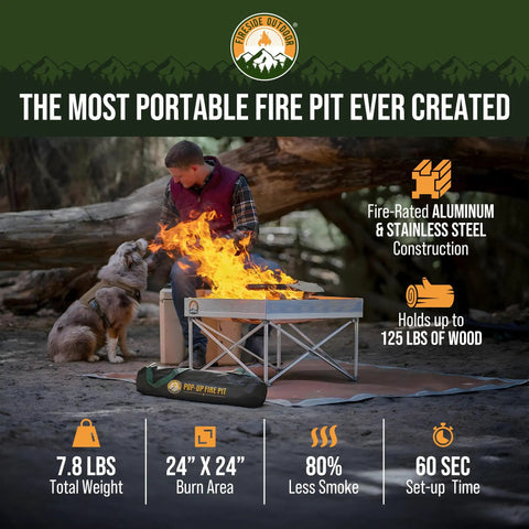 Person camping with Portable 24 Inch Collapsible Fire Pit For Camping And Backyard, Lightweight Pop Up Campfire Pit For Outside