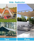 Collage showing tents and patio with fabric tarps, demonstrating wide application of eyelet kit with 110 sets in black and silver.
