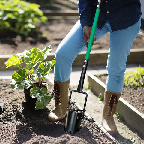Person using Bulb Planter And All In One Lawn Plugger Tool With Long Handle Serrated Base for flower planting in garden