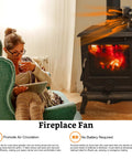 Heat Powered Wood Stove Fan With Bracket 6 Blade Thermoelectric Aluminum Fireplace Vent on stove next to seated woman.