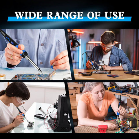 People using Blue 80W Adjustable Temperature Soldering Iron Kit Built Tough With Anti Slip Heat Resistant Handle for various repairs
