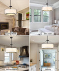 Grab This 20 Inch Drum Chandelier With 5 Lights For Instant Modern Farmhouse Vibes Featuring Soft White Linen Shades And Sleek Black Frames in living room, bedroom, kitchen island, and hallway.