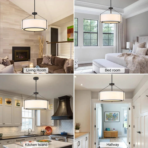 Grab This 20 Inch Drum Chandelier With 5 Lights For Instant Modern Farmhouse Vibes Featuring Soft White Linen Shades And Sleek Black Frames in living room, bedroom, kitchen island, and hallway.