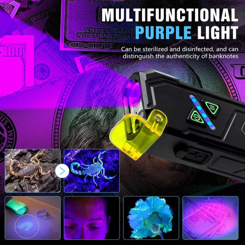 Compact EDC Flashlight With 1000 Lumens White LED UV RGB Modes, Yellow Diffuser, USB C Rechargeable, magnetic clip in use