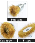 Six Piece Brass Wire Wheel Brush Set For Drill With One Quarter Inch Shank Crimped Cup Brush True Brass Wire 0.13mm Deburr Clean Polish