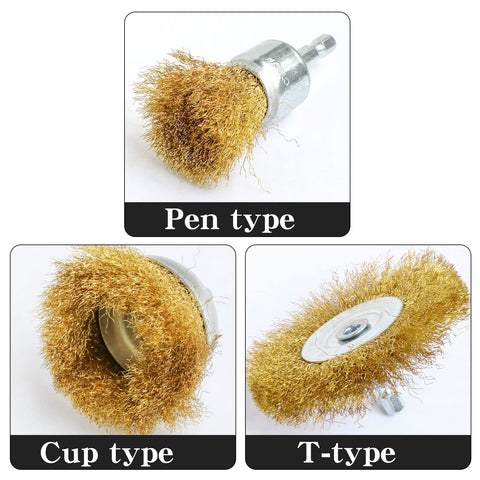 Six Piece Brass Wire Wheel Brush Set For Drill With One Quarter Inch Shank Crimped Cup Brush True Brass Wire 0.13mm Deburr Clean Polish