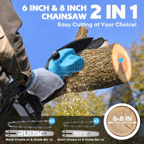 Person using Cordless Chainsaw Kit With 8 Inch And 6 Inch Blades, Battery Powered Handheld Tree Saw For Branch Pruning And Gardening
