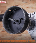 Badass 21 Piece Wood Drill Bit Set With Hole Saws Brad Point And Spade Bits Carbon Steel case showing a close-up of a saw blade.