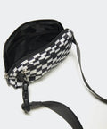 Two Way Zipper Fanny Pack For Women Water Resistant Nylon Belt Bag with adjustable strap, open view, checkered black pattern