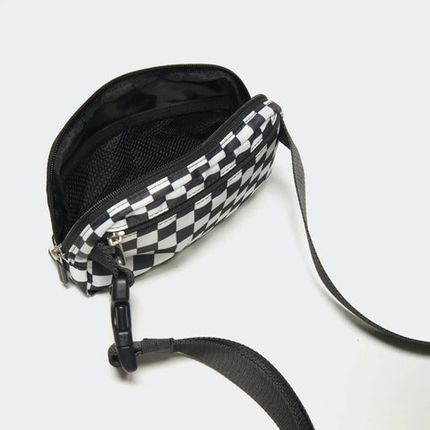 Two Way Zipper Fanny Pack For Women Water Resistant Nylon Belt Bag with adjustable strap, open view, checkered black pattern