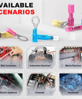 12 To 10 AWG Heat Shrink Ring Terminals Kit 50 Pcs Copper Battery Cable Lugs and application scenarios displayed.