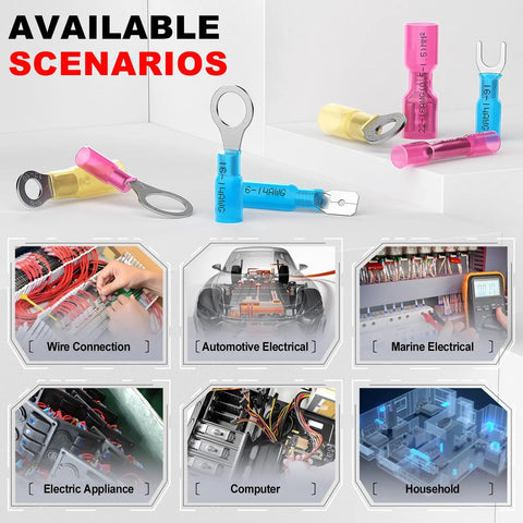 12 To 10 AWG Heat Shrink Ring Terminals Kit 50 Pcs Copper Battery Cable Lugs and application scenarios displayed.