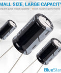 Close-up of capacitors from All In One 320 Pieces Aluminum Electrolytic Capacitor Kit in Durable Box with 20 Values.