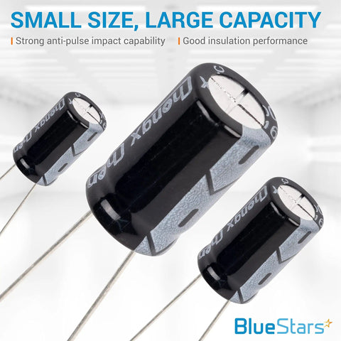 Close-up of capacitors from All In One 320 Pieces Aluminum Electrolytic Capacitor Kit in Durable Box with 20 Values.