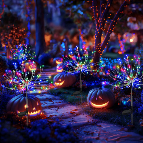 Garden Decor Solar String Lights Outdoor 120 LED Colorful Fairy Lights Waterproof for yard showing lit pathways with pumpkins
