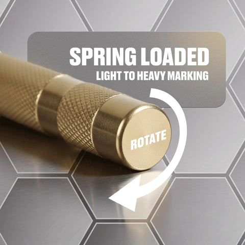 Automatic Center Punch For Metal And Wood Featuring Spring Loaded Kick And Adjustable Knob To Nail Every Drill Bit Start Instantly Without Hammering Or Walking For Dead On Precision Every Single Time showing adjustable strike knob with markings on metal surface.