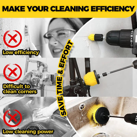 Eight Piece Drill Brush Attachment Set For Power Scrubbers, includes seven brush heads and extendable rod cleaning tiles