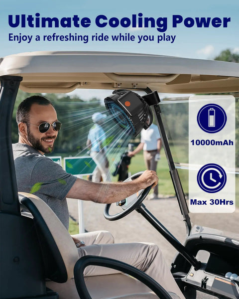 Rechargeable Clip On Fan 10000mAh, 8 Inch Portable Desk And Bedside Fan with LED light attached inside a golf cart.