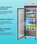 Top Shelf 23 Cubic Foot Reach In Freezer With Single Solid Door And Brushed Stainless Steel Finish designed for commercial kitchens, showcasing food storage.