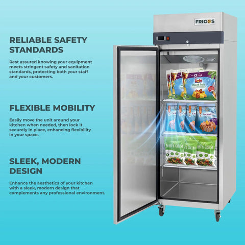 Top Shelf 23 Cubic Foot Reach In Freezer With Single Solid Door And Brushed Stainless Steel Finish designed for commercial kitchens, showcasing food storage.
