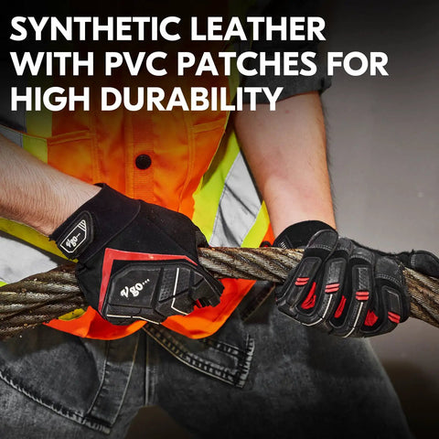 1 Pair Heavy Duty Mechanic Work Gloves With Synthetic Leather Palm And Beefy PVC Nitrile Neoprene Reinforcements For Wear Resistance And Vibration Reduction Touchscreen Compatible Black Red Size Large All Purpose Power Tool And Construction Grip.