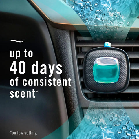 Smart Car Vent Freshener Long Lasting Odor Erasing Clip Set Intensity Low Or High Unstopables Crispy Road Ready Scent Four Pack clipped to car vent.