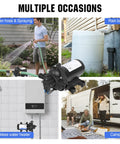 Multiple uses of 33-Series 110V AC Water Diaphragm Pump With 4.0 GPM At 50 PSI for garden irrigation, rain barrel, water heater, and camper.