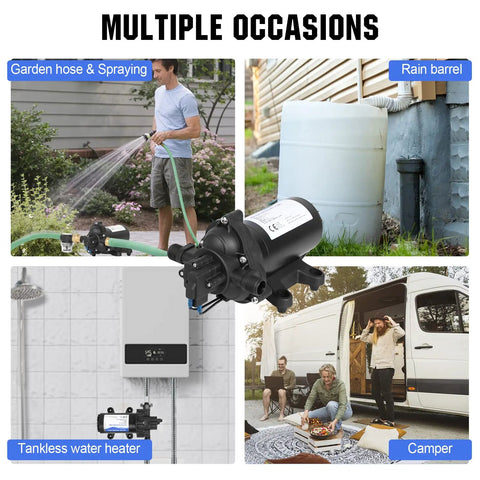 Multiple uses of 33-Series 110V AC Water Diaphragm Pump With 4.0 GPM At 50 PSI for garden irrigation, rain barrel, water heater, and camper.