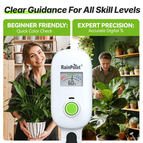 Smart Wireless Plant Moisture Meter With Visual Gauge in use by indoor gardeners, displaying moisture level at 60%