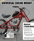 Custom red bike with a Versatile 100cc 49cc 66cc 80cc Gas 2 Stroke Chopper Engine with fixed mounting bracket shown on road.