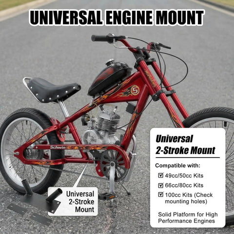 Custom red bike with a Versatile 100cc 49cc 66cc 80cc Gas 2 Stroke Chopper Engine with fixed mounting bracket shown on road.