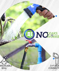 Front view of J&B XpandaHose expandable garden hose with brass 3/4 in connectors and spray nozzle