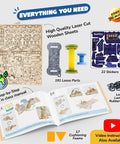 DIY Robotic Mechanical Hand Kit for Kids components shown, including wooden sheets, stickers, and instruction manual.