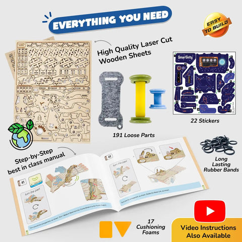 DIY Robotic Mechanical Hand Kit for Kids components shown, including wooden sheets, stickers, and instruction manual.