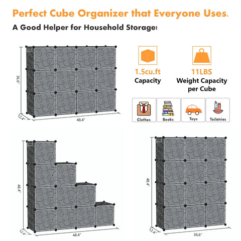 Diagram of 12 Cube Storage Organizer With Doors For Bedroom And Living Room showcasing different arrangements and dimensions