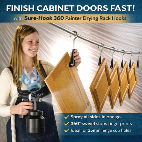 Woman using 360 Degree Universal Painting Rack With No-Fuss Removable Hooks, Fast Drying Cabinet Door Stand For 35mm Hinges