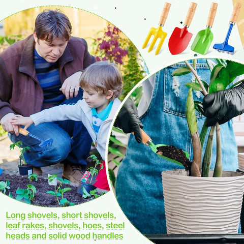 8 Piece Kids Garden Tool Set With Real Wood Handles And Steel Heads Shovel Rake Spade And Hoe For Lil Helpers Durable Yard Tools