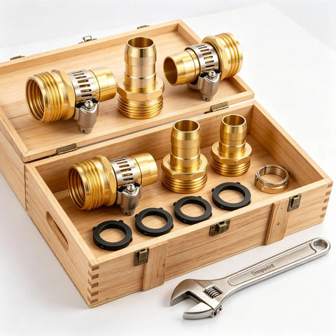 Solid Brass Garden Hose Repair Kit Set With Clamps For 3/4 Or 5/8 Inches Fix Leaks Fast Drip Irrigation Mender Adapter For Backyard Watering And Lawn Care, brass fittings in wooden case