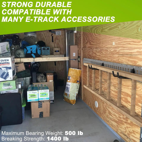 Interior of a trailer with E-Track system featuring 2 Pack E Track J Hooks Heavy Duty Steel E Track Double Hooks for organizing gear.