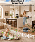 Quick 15 Second Heat Up Handheld Steam Cleaner With High Pressure For Deep Cleaning Grease And Grout Stains Without Harsh Chemicals Compact Portable Design for a family using it in a kitchen.