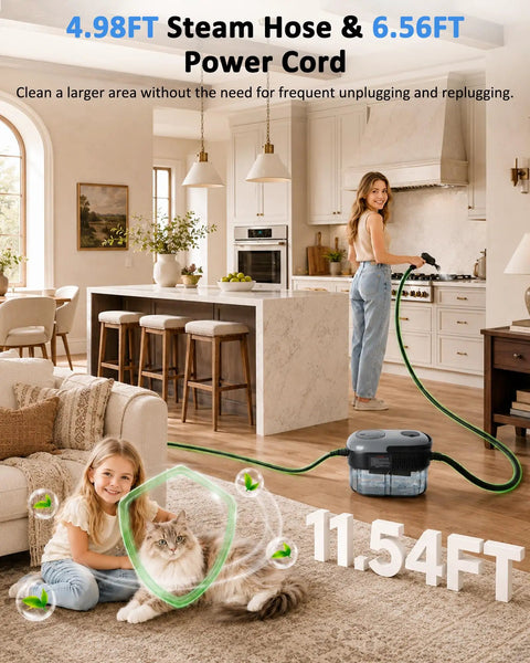 Quick 15 Second Heat Up Handheld Steam Cleaner With High Pressure For Deep Cleaning Grease And Grout Stains Without Harsh Chemicals Compact Portable Design for a family using it in a kitchen.
