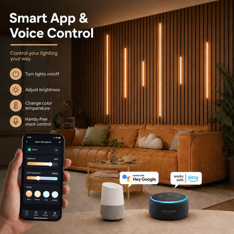 DEIGCYU LED Recessed Lighting Kit, 6 Pack Black Self-Adhesive Light Bars displayed in a modern living room with smart app control.