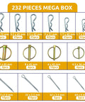 All In One Trailer Pin And Hardware Kit With 232 Pcs Including Hitch Pins Lynch Pins PTO Pins Cotter Pins Clip Pins chart