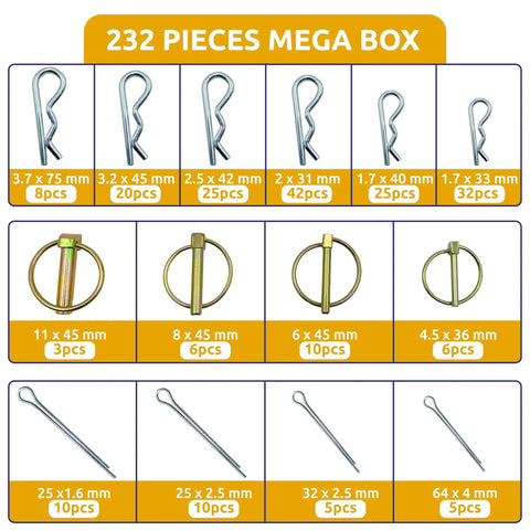 All In One Trailer Pin And Hardware Kit With 232 Pcs Including Hitch Pins Lynch Pins PTO Pins Cotter Pins Clip Pins chart