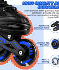 Close-up of black adjustable kids inline skates for boys and girls aged 4 to 12 with lit up wheels showing aluminum frame and bearings.