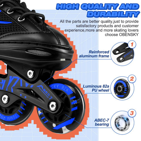 Close-up of black adjustable kids inline skates for boys and girls aged 4 to 12 with lit up wheels showing aluminum frame and bearings.