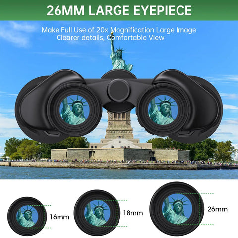 26mm eyepiece with Statue of Liberty in view, 20x50 High Power Waterproof Binoculars For Adults With Low Light Vision