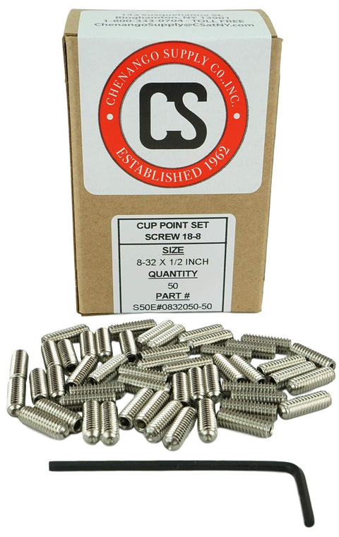 8-32 X 1/2 Inch Stainless Socket Set Screws Cup Point Headless With Hex Key Wrench Pack Of 50 Coarse Thread 18-8 Stainless Steel