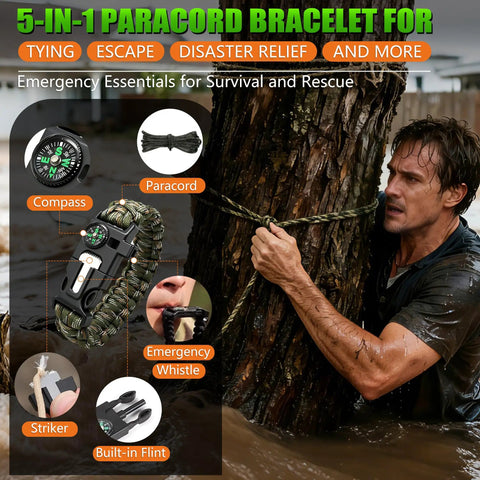 Man uses paracord bracelet for tying in flood, showcasing compass and whistle features, included with Emergency Hand Crank Solar Radio With 10000mAh Battery And 37000mWh Power Bank, NOAA AM FM Weather Radio, Three Charging Modes, Includes Thermal Blanket And Survival Bracelet, Perfect For Home Or Outdoor Prepper Gear.